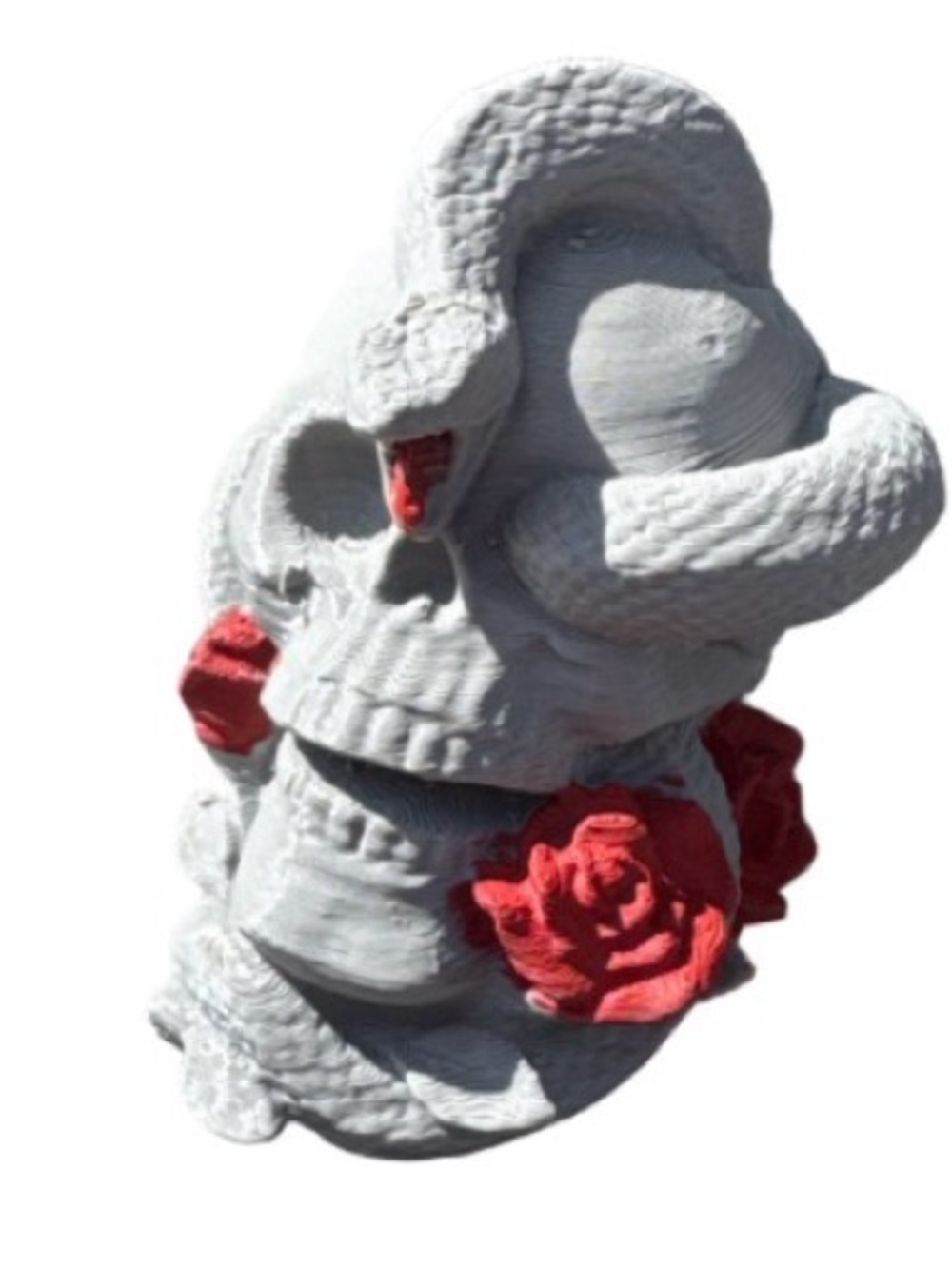 Gray Skull Sculpture with Red Roses - 3d printed Home Art Décor